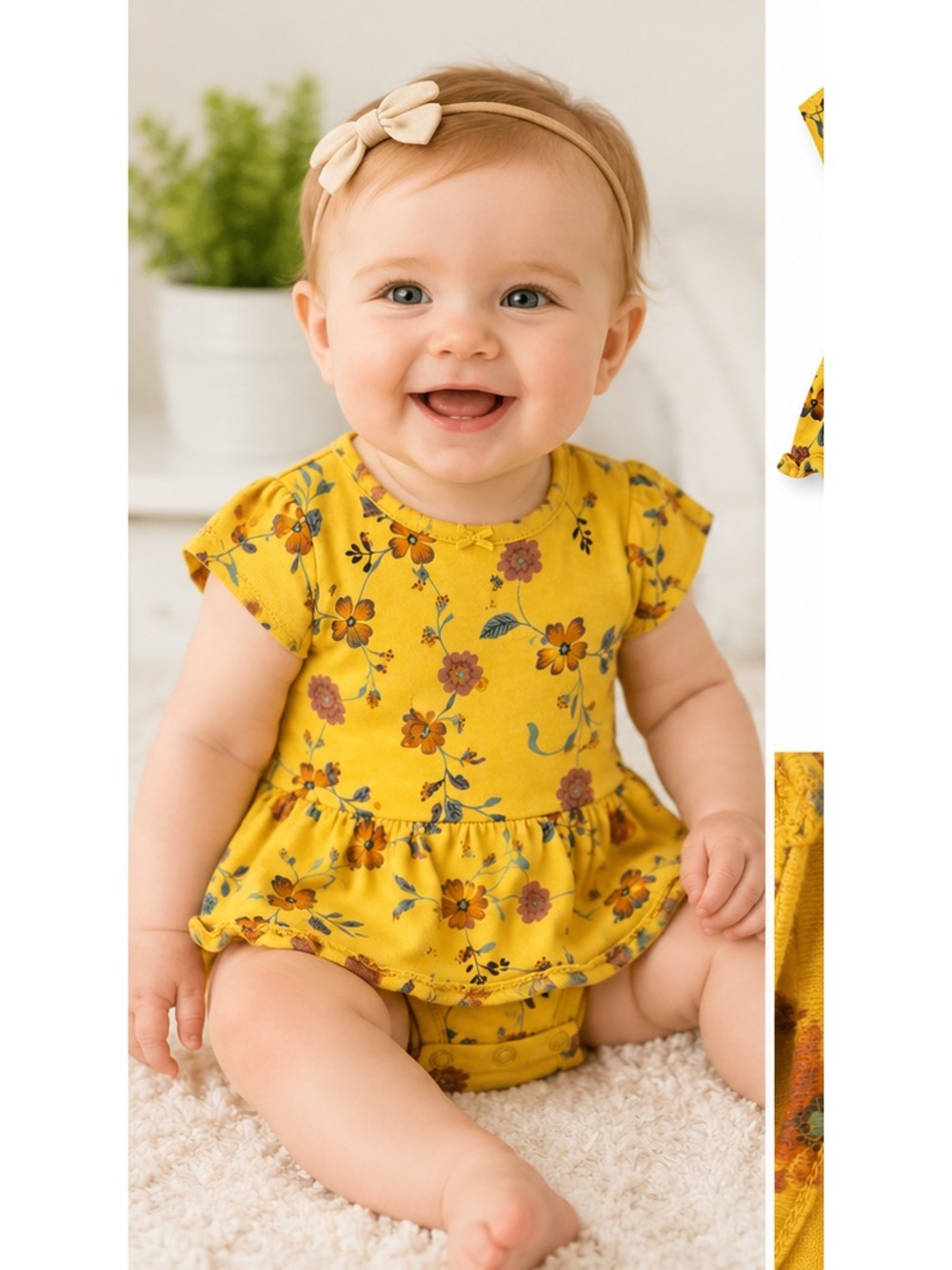 Carter’s Baby Girl 9M Yellow Floral Dress Romper 100% Cotton Ruffle Skirt